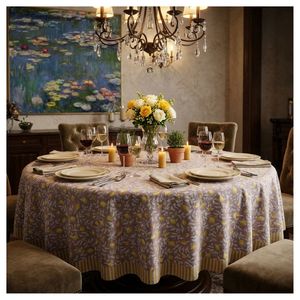 Newest Trending Lemon Earth Floral Printed 100% Cotton Tablecloth Round 6 Seater <b>Table</b> <b>Cover</b> Hand Block Printed 180 Cms - Product Image 1