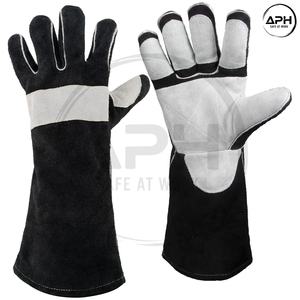 Dual Tone Black Grey Split Cowhide Leather <b>Welding</b> <b>Gloves</b> Heat Resistant Reinforced Palm Extended Gauntlet Hand Wear - Product Image 2