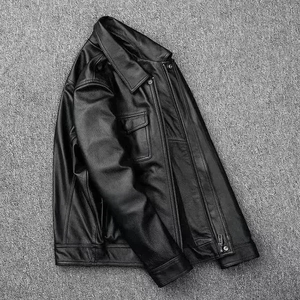 Chaqueta Casual de Cuero Genuino Negra para Hombre, con Cuello Camisero, Cierre Frontal, Chaqueta de Cuero para Exteriores con Múltiples Bolsillos - Product Image 4