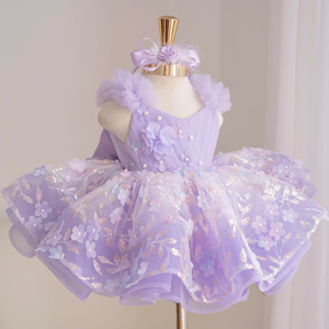 Robe de princesse florale pour filles 147, avec volants aux épaules, en tulle superposé, robe d'anniversaire rose et jaune, vente en gros, fabricant Nhung Nguyen - Product Image 3