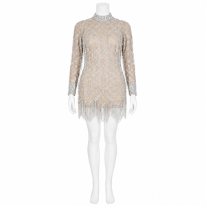 Vestido Mini Premium con Flecos de Cristal Color Nude para Mujer, Vestido de Cóctel de Lujo con Cuello Alto y Cuentas, Vestido de Noche Glamuroso de Manga Larga de Diseñador - Product Image 1