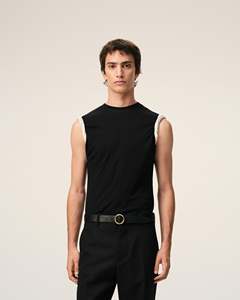 Haut sans manches en tricot à col rond pour homme, coupe ajustée, noir uni, style minimaliste, longueur normale, 100% coton, collection - Product Image 5