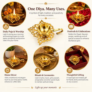 Lampe à huile en laiton artisanale indienne en forme de feuille Aarti Diya avec poignée, idéale pour la décoration des rituels de Puja du temple Diwali - Product Image 2
