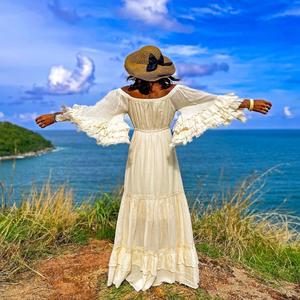 Vestido Maxi Bohemio para Mujer, Hombros Descubiertos, Cuello Elástico Fruncido, Cintura Natural, Lavable, Ropa de Playa de Verano, Algodón - Product Image 4