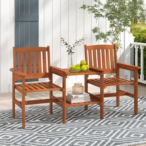 Set di Mobili da Patio per 2 Persone, Set da Pranzo per Esterni con Foro per Ombrellone e Tavolino a 2 Livelli, in Legno Massello, Comodo e Stabile - Product Image 2