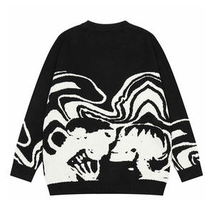 Pull tricoté rétro pour homme avec logo personnalisé OEM, style streetwear hip-hop, en laine acrylique noire avec motif tête de mort blanche pour l'automne - Product Image 1