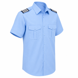 Camisa de Uniforme Unisex Azul Cielo de Poliéster/Algodón de Manga Corta con Rayas en los Hombros, Bolsillos en el Pecho, Detección de Agujas y Fusión Sin Costuras - Product Image 3