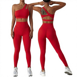 Ensemble 2 pièces de yoga bleu marine uni sans couture : Crop top dos nageur à col en V profond et leggings taille haute longueur genou - Product Image 5