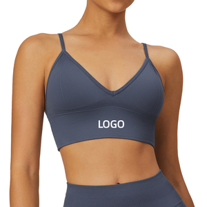 เสื้อชั้นในกีฬาผู้หญิงแบบไร้ตะเข็บ ดีไซน์โดดเด่น ขายดี คอวี สีพื้น แห้งเร็ว มีฟองน้ำเสริม - Product Image 1