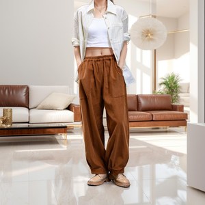 Women's Pink Wide Leg Pants High Waist Elastic Loose Fit Full Length Solid Color Casual Spring Style Knitted Spandex Cotton - Product Image 1