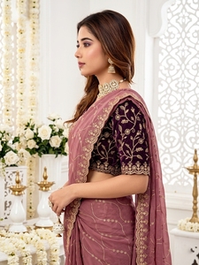 AARA Fashion Elegant Pink Silk Saree <b>Gold</b> Embroidery <b>Blouse</b> for Wedding Occasion Women Traditional Indian Wear Sun Protection - Product Image 4