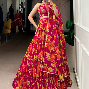 Trending Reversible Stretchable Quick Dry Wrinkle Free Marble Floral Printed Women's Party <b>Wedding</b> Lahenga Choli Dupatta All - Product Image 1