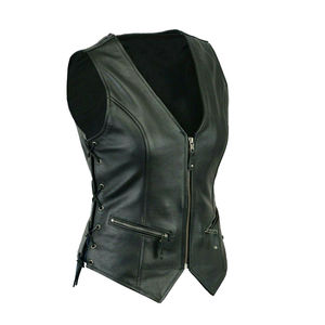 New Arrival Women's <b>Black</b> Genuine Leather Sleeveless <b>Vest</b> Rhinestone Vintage Washed Knitted Waterproof Windproof Outer Wear - Product Image 4
