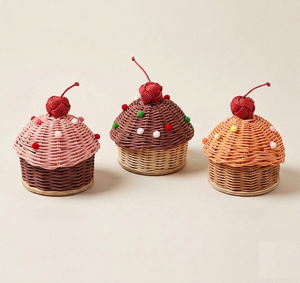 Premium Wicker Rattan Cupcake <b>Gift</b> <b>Box</b> With Pompom For <b>Ramadan</b> Eid Collection Natural Material Handmade In Vietnam - Product Image 1
