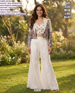 Traje Étnico Elegante Blanco Real de Georgette para Mujer, Conjunto de Una Pieza, Sin Cuello, Bordado, Mangas Largas, Blazer Corto, Pantalón Largo - Product Image 1