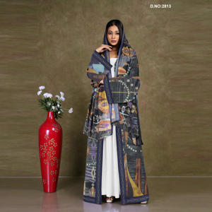 Chiffon Abstract Printed Open Front Abaya Style <b>Shrug</b> with Hood Border Panel Modest Wear Full Length Contemporary Flow Design - Product Image 3