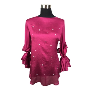 Chemisier rose en mousseline pour femme, style bureau, avec manches ballon unies, col rond, coupe ample, décontracté, orné de perles - Product Image 1