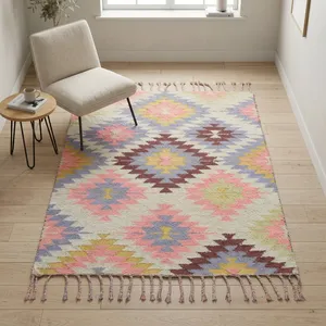 Quickship Moroccan Marrakesh Persian Style Handcrafted Kilim Flat Weave Cotton Metallic <b>Cushioned</b> Washable Picnic Area Rugs Set - Product Image 2
