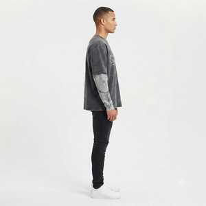 Wholesale Men's Double <b>Layer</b> T-shirt Barbed Wire Sleeve Print Acid Wash Vintage Streetwear Heavy Cotton Oversized Graphic <b>Top</b> - Product Image 3