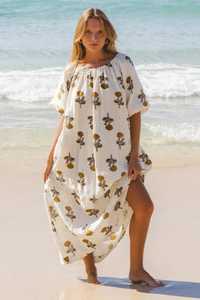 Robe longue imprimée au bloc à prix imbattable pour femme, style bohème, coupe ample, manches bouffantes 3/4, col rond, en coton tissé, décontractée pour l'été - Product Image 5