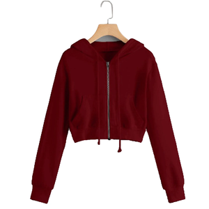 Women's Gray Cropped Hoodie Zip-Up Sweatshirt Long Sleeve Solid Color Breathable Knitted Hooded <b>Top</b> Autumn Wear - Product Image 3
