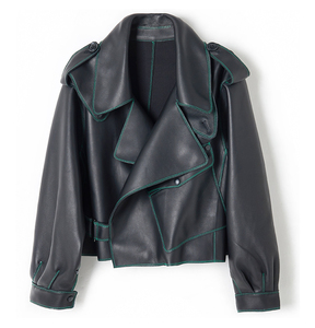 Chaqueta Blusón de Cuero Sintético Verde para Mujer, Manga Corta, Hombros Caídos, Cuello Camisero, Estilo Otoñal con Epaulettes y Cierre de Cinturón - Product Image 5