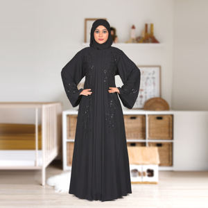 Abaya Nida avec embellissement perlé à la main, panneau avant plissé, manches longues, robe islamique longue jusqu'au sol, tenue de soirée pour femmes - Product Image 4