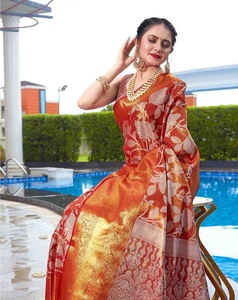 KV <b>Red</b> Woven Design Banarasi Art Silk <b>Saree</b> With Unstitched Blouse - Product Image 2