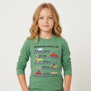 T-shirt à manches longues respirant pour filles, imprimé véhicules de travail, col rond, décontracté, vert, 100% coton jersey 160 g/m² - Product Image 4