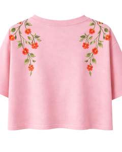 Camiseta Corta Rosa Bebé Personalizada para Mujer, Bordado Floral, Manga Corta, Informal, de Moda, Mezcla de Algodón Suave, Top de Verano para Mujer, Venta al por Mayor - Product Image 2