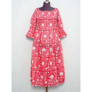 Vestido maxi de algodón 100% puro para mujer, estampado floral indio hecho a mano, manga acampanada, dulce, cómodo, informal, sencillo para la noche. - Product Image 1