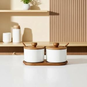 White Metal Tea Sugar <b>Pot</b> Set Of 2 With Wooden Lid And Tray Perfect For Guest Serving Elegant Kitchen Tableware Set From India - Product Image 1