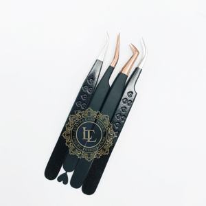 Pinzas para extensión de pestañas de acero inoxidable con punta de oro rosa de primera calidad, recubrimiento de polvo negro personalizado, mango de corazón sostenible - Product Image 2