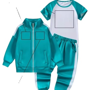 Custom Kid's 3-Piece Solid Peacock Green Athletic Outfit Short Sleeve T-Shirt Lapel Zipper Jacket Joggers ODM Customizable - Product Image 1