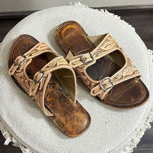 Sandalias de Punta Abierta para Mujer, Chanclas Planas de Cuero Auténtico, Estilo Occidental, Estilo Informal, Hecho a Mano - Product Image 5