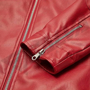 Men's Red Leather Moto <b>Jacket</b> Stand Collar Zipper Closure Slim Fit Autumn Regular Sleeve Solid Color - Product Image 6