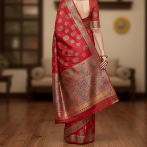 Sari de Algodón y Seda Tejido a Mano con Estampado Ajrakh, Teñido Natural, Ropa Étnica Tradicional para Mujer, Disponible para la Venta - Product Image 1
