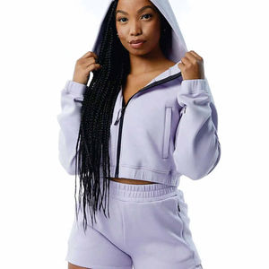 Ensemble de survêtement pour femme personnalisé avec sweat à capuche zippé et pantalon de jogging en coton, coupe oversize à épaules tombantes, motif uni, ensemble 2 pièces court - Product Image 5