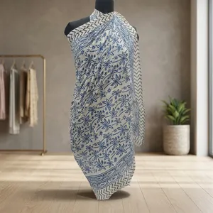 Blue Floral Hand Block Printed Cotton <b>Sarong</b> Scarf with Chevron Border Lightweight Beach Wrap Stole for Women - Product Image 2