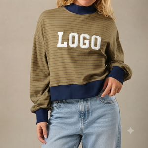 Women's Striped Mockneck Sweatshirt With Logo Print <b>Long</b> <b>Sleeve</b> Casual <b>Top</b> Autumn Wear Cotton Blend Knitted Crew Neck Design - Product Image 1