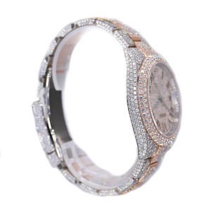 Montre mécanique de luxe entièrement sertie de pierres, en acier inoxydable bicolore or rose, avec cadran personnalisé à chiffres romains pour bracelet - Product Image 3