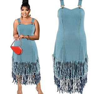 2025 Hot SaleXL-5XL Plus Size Denim Sleeveless Halter Fringe Patchwork Jeans <strong>Dress</strong> for Women - Product Image 1