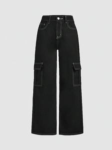 Pantalon cargo en jean noir taille haute pour homme, coupe ample et large, respirant, avec sangles à boucles légères, style streetwear Y2K, utilitaire, ODM - Product Image 3