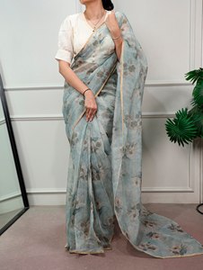Sari Ligero Kota Doria con Estampado Floral y Blusa Bordada Lucknowi de Algodón Cosido, Elegante Traje Étnico Tradicional para Mujer - Product Image 1