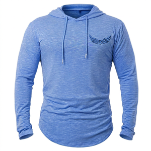 Men's Blue Hooded Long Sleeve Quick Dry Slim Fit Casual Sweatshirt Knitted <b>Polyester</b> Spring Wear - Product Image 2