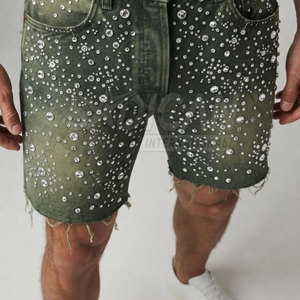 Shorts d'été décontractés pour hommes en toile épaisse 100 % coton, délavés, avec strass, effet soleil, couleur unie, séchage rapide, style streetwear, qualité supérieure - Product Image 3