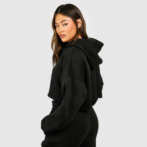 Sudadera con Capucha Corta Negra para Mujer, de Manga Larga, Forro Polar, con Logotipo Personalizado, OEM, ODM, Ropa al por Mayor - Product Image 2