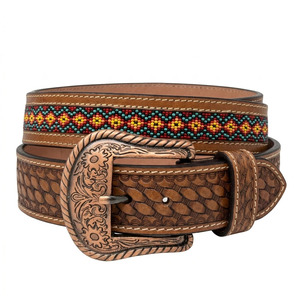 <b>Mens</b> Brown <b>Western</b> Leather <b>Belt</b> Beaded Embossed Cowboy Waist <b>Belt</b> Engraved Buckle Wholesale Custom Supplier for Jeans Wear Daily - Product Image 4