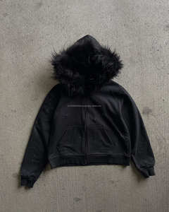 Sweat à capuche de rue en laine française en coton robuste 400g surdimensionné avec col en fausse fourrure amovible et zippé teint uni pour l'hiver - Product Image 4