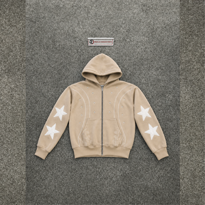 Sweat à capuche zippé oversize beige premium, motif étoile, inspiré des créateurs, mode urbaine moderne, style urbain, élégant au quotidien, qualité premium - Product Image 5